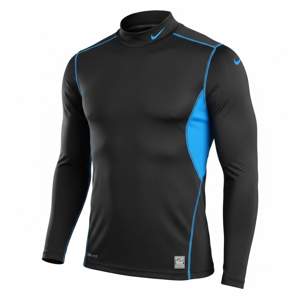 Nike Pro Combat Mock Neck Dri-Fit‎ Shirt Mens M Black Blue Polyester Fitted